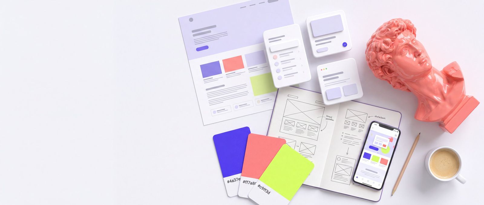 Website wireframes, colour swatches and a phone laid out on a desk