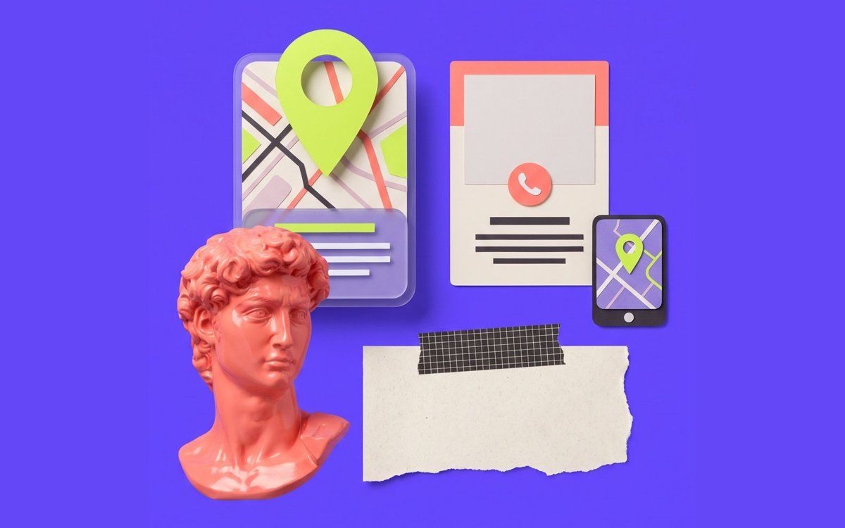 Illustration of a map pin, a business listing and a phone for local SEO