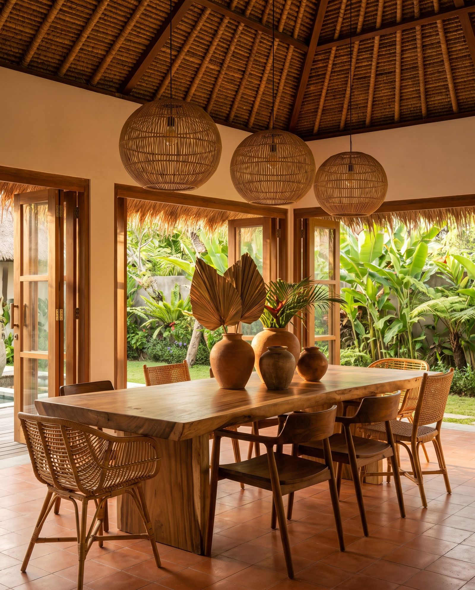 A teak dining table set for a long lunch under woven pendant lights