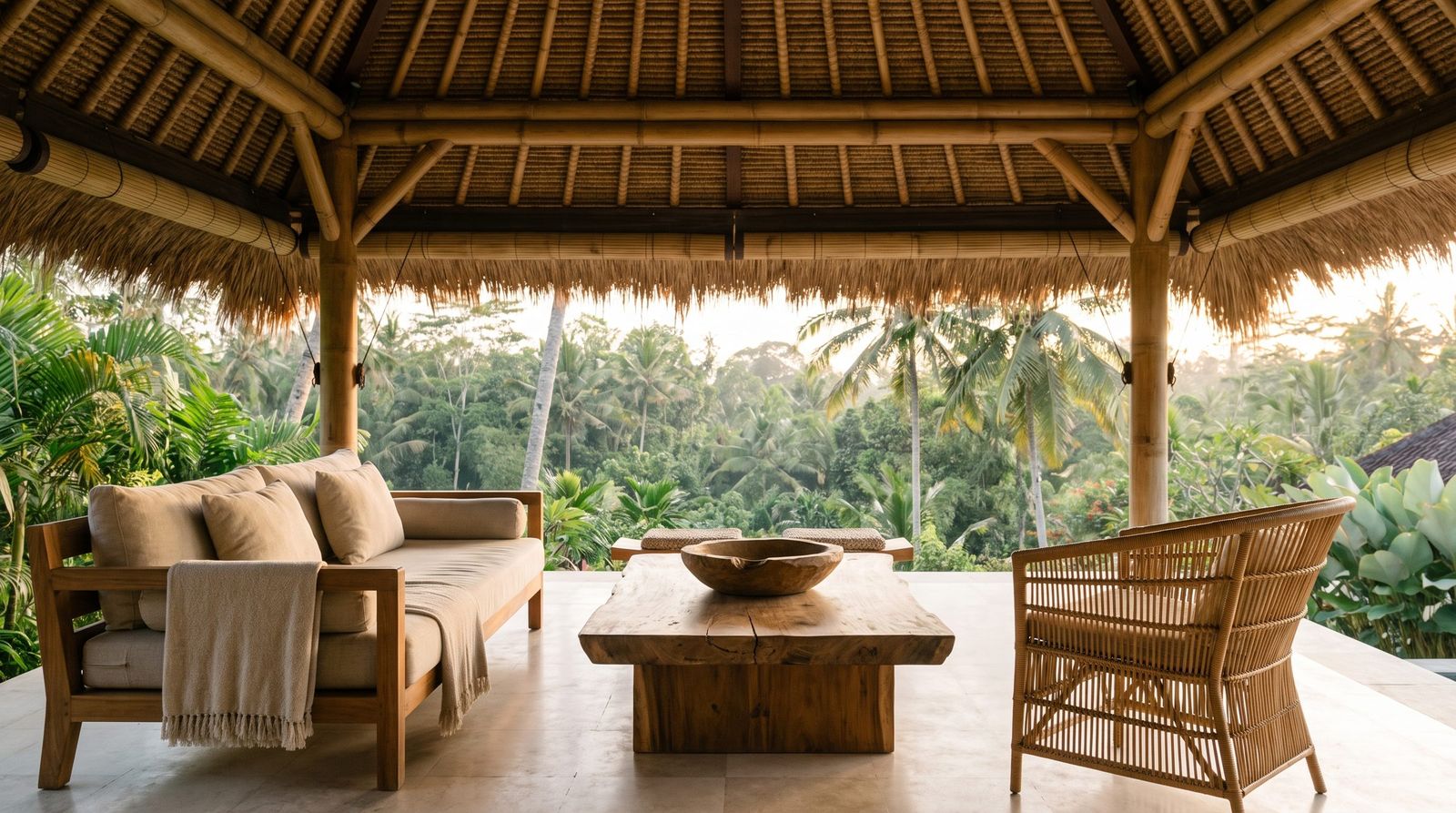 An open Balinese style pavilion furnished with teak and rattan