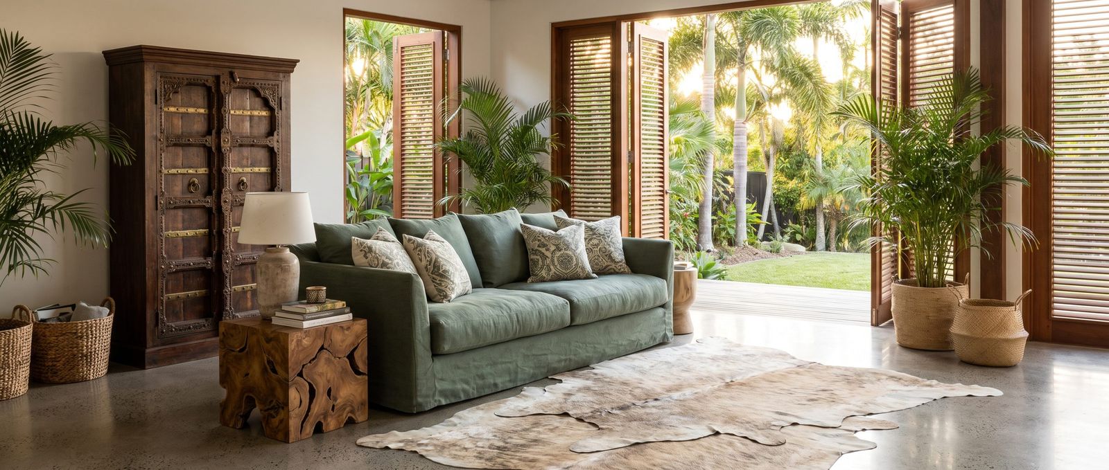 A wide open lounge styled with teak, rattan and woven pendants