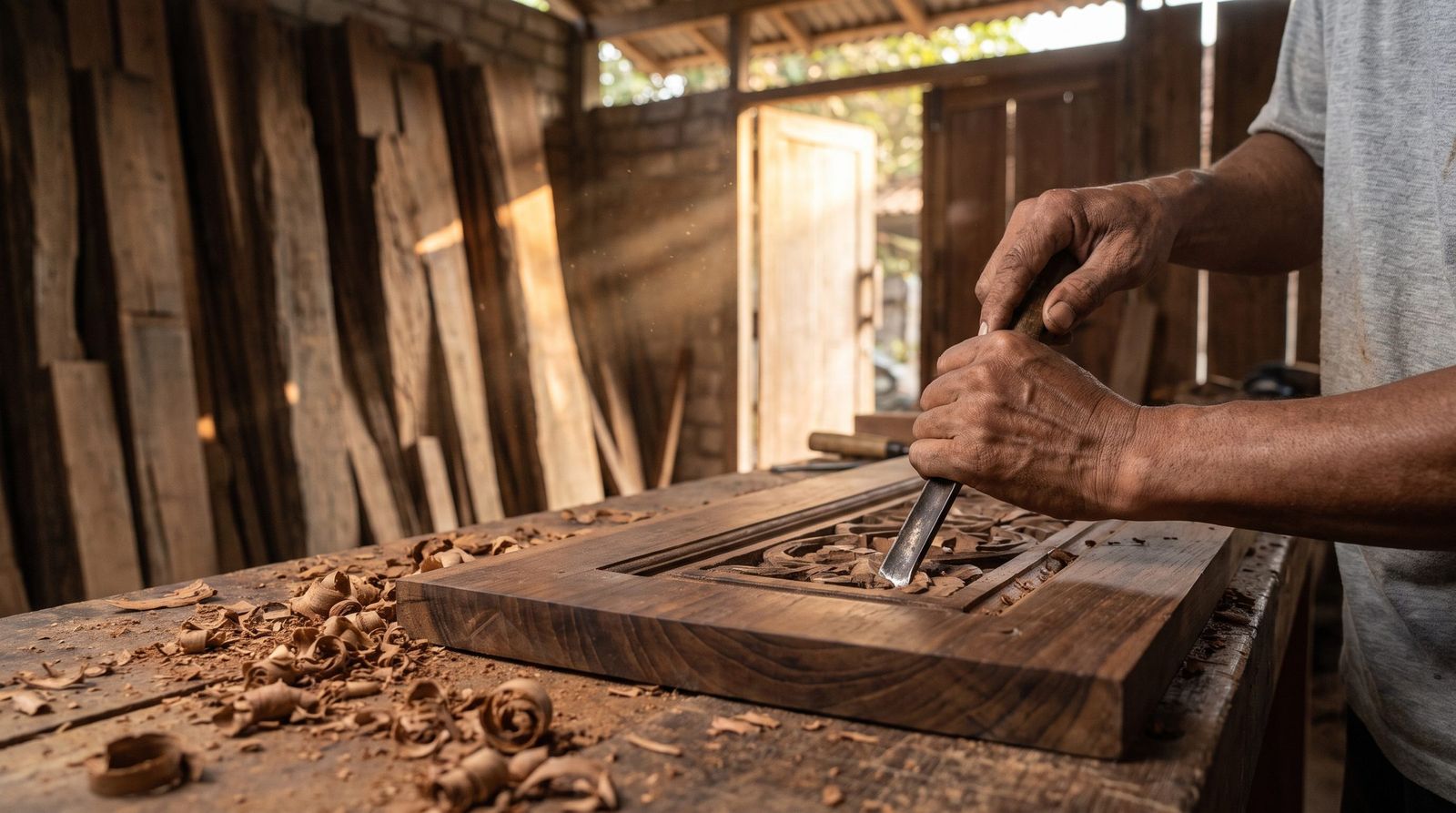 A carving workshop with teak pieces being finished by hand